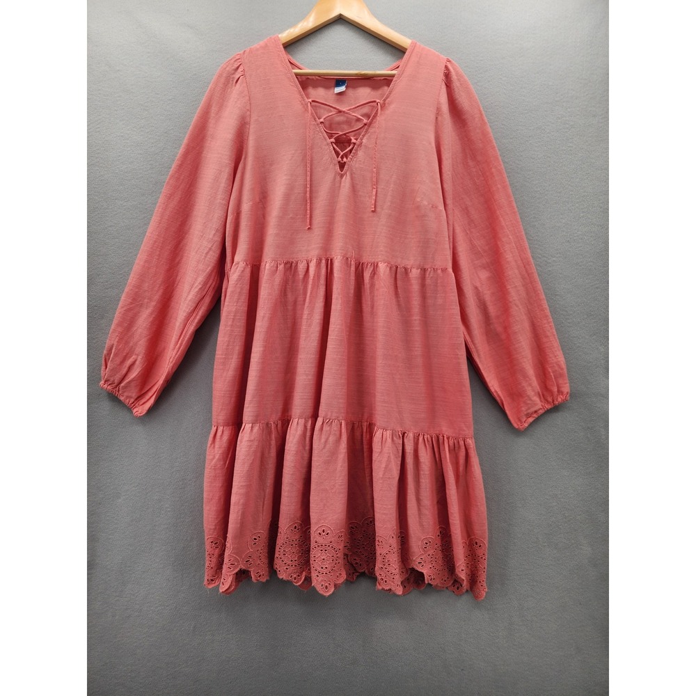 Old Navy Coral Pink Lace Up Tiered Eyelet Hem Mini Dress Long Sleeve Boho Large